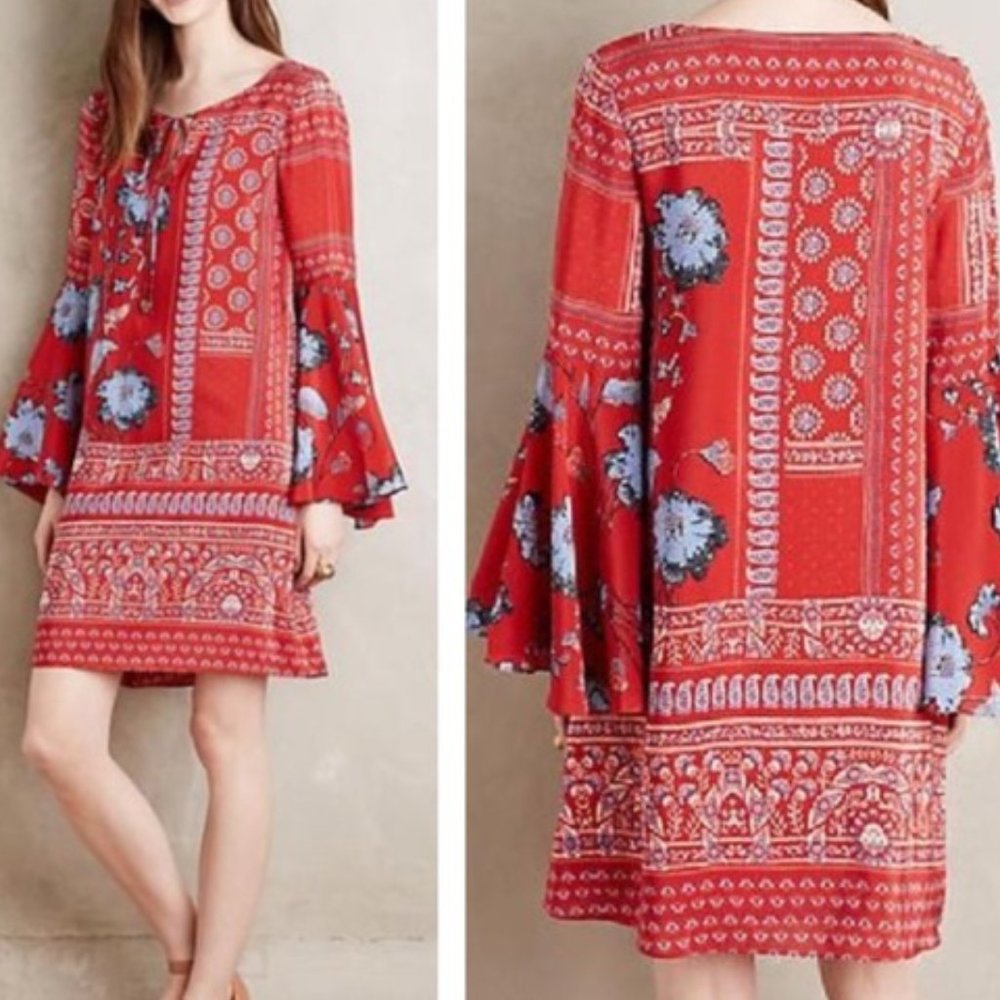 ANTHROPOLOGIE‎ Vanessa Virginia Isabelle Red Silk Floral Bell Sleeves Size 2